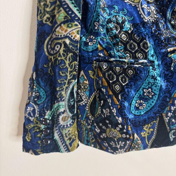Chicos Blazer Womens S Blue Velvet Paisley Print Button Front Jacket Boho Dressy - Picture 2 of 9